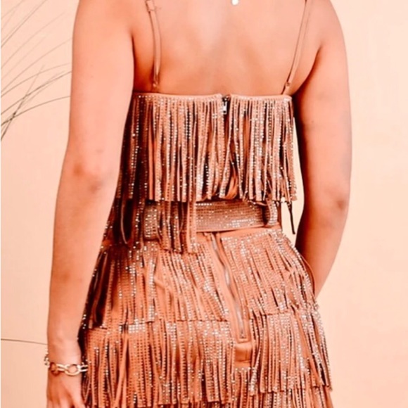CowGirl Glam, 2 Piece: Skirt & Top. Size L Tan Faux Suede, Embellished Fringe. - Picture 4 of 11